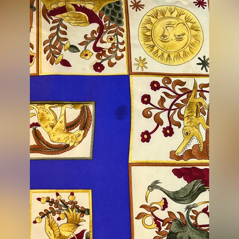 Christian Dior Silk Scarf Vtg Tree of Life Unicorn Animals Sun Moon HR 34 x 34